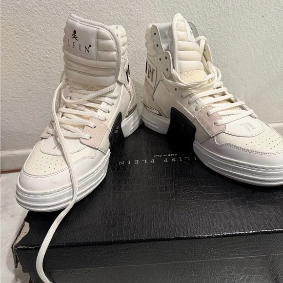 Philipp Plein White High-Top Sneakers Skull Logo Size 40